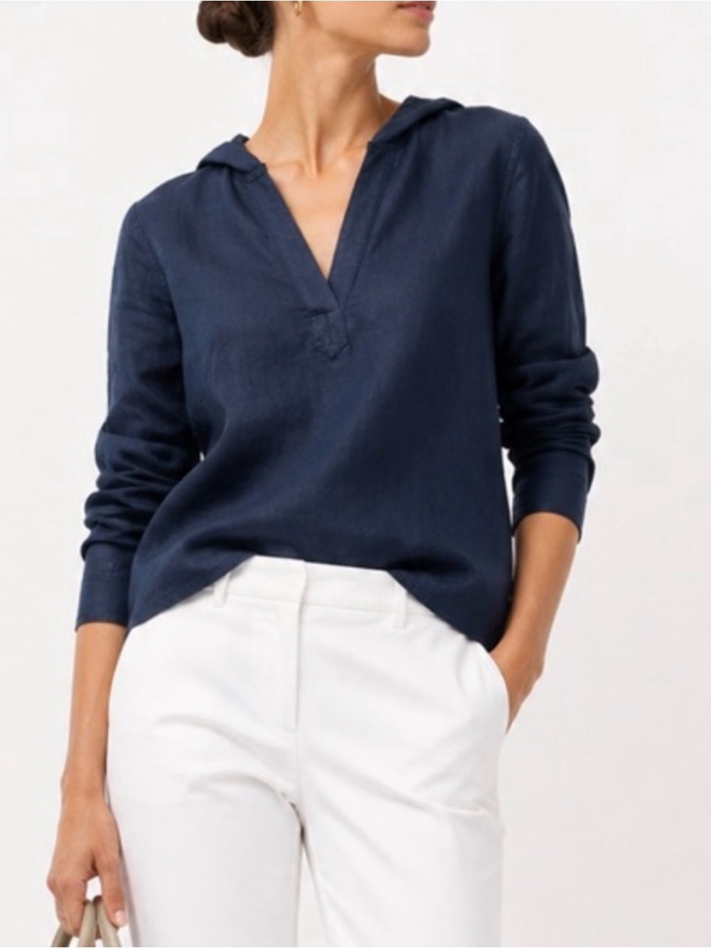Talbots Nautical Navy Irish Linen Hooded Shirt with Front Pocket.